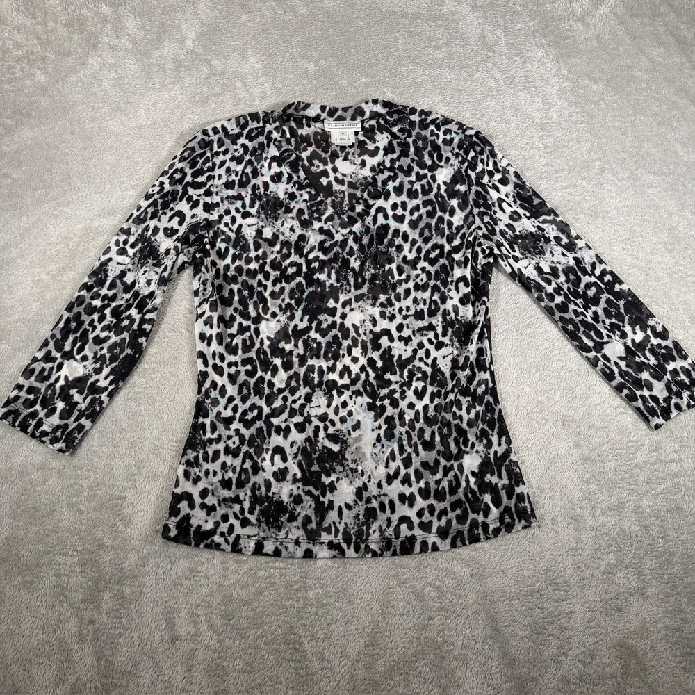 St. John Sport Top Womens Petite Black Animal Print V Neck 3/4 Sleeve Career